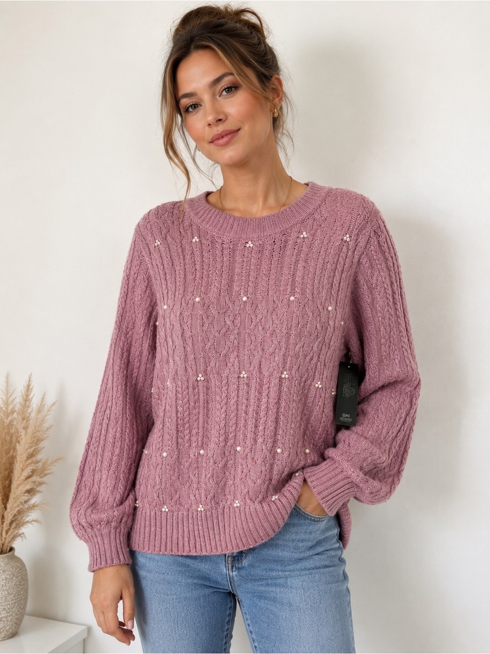 Terra & Sky Dusty Rose Cable Knit Sweater with Pearls embroidered NWT Plus 0X